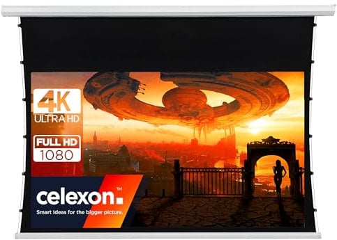 celexon Basic Écran de Projection motorisé tensionné 110 | 240x135cm 16:9 | Écran FullHD 4K avec câbles de Tension pour Home Cinéma & présentations | Montage Plafond/Mur | Télécommande Incluse