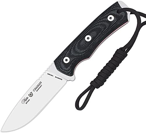 MIGUEL NIETO Cuchillo Chaman Bushcraft 139-M Hoja de 10,5 Acero Bohler Mango Canvas Micarta Negra y Funda de Cuero