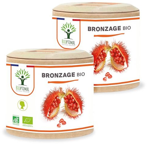 Autobronzant Naturel - Bioptimal - Complément Alimentaire - Activateur Accélérateur de Bronzage de la Peau- 100% Poudre Urucum Bio - Gélule Vegan - Fabriqué en France - Certifié Ecocert - 2x60 gélules