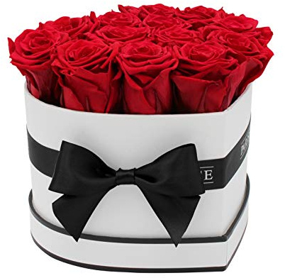 PARIS EN ROSE Rosenbox HERZ | mit 13 bordeaux-roten Infinity Rosen Größe XL | herzförmige Box in Weiß mit Schwarz | ewige Rose | 3 Jahre haltbar | Grußkarte