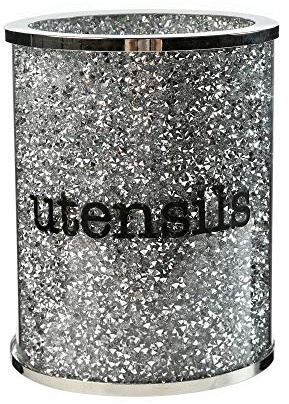 London Boutique Kristall-Utensilienhalter, glitzernd, Diamantfüllung, silberfarbener Metallrahmen, runder Zylinder, 16,3 cm Höhe, Geschenkbox