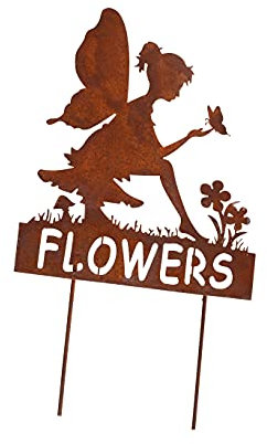 RiloStore Flowers Stecker Fee Elfe rost Farben braun Metallstecker 26x16cm Pflanzenstecker Blumen Dekostecker Rostdeko Gartendeko Blumen Dekoration