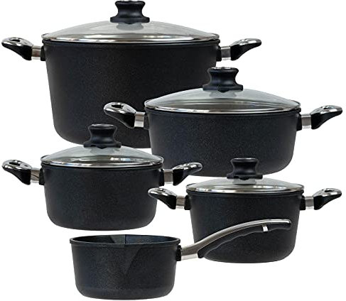 BAF beschichtetes Aluguss Topfset Induktion 9-teilig Bratentopf 20 cm + 24 cm, Kochtopf 20 cm und Gemüsetopf 28 cm & Stieltopf 18 cm