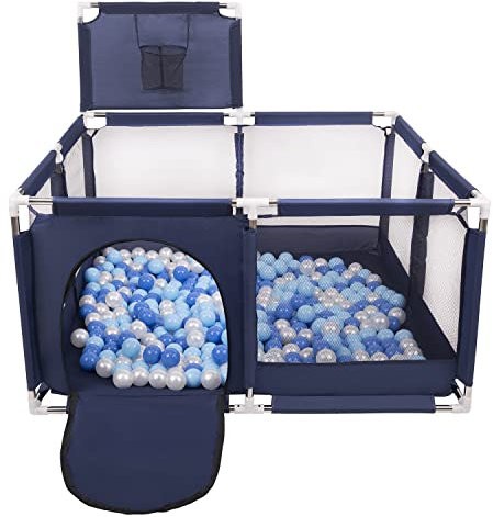 Selonis Laufstall Mit Korb Und 200 Bälle Laufgitter Für Kinder, Blau:Blau/Babyblue/Perle