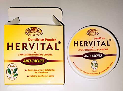 HERVITAL Dentifrice en Poudre à l'Huile Essentielle de Girofle, Anti-Taches, Dents Propres et Éclatantes de Blancheur, Haleine Purifiée et Saine.