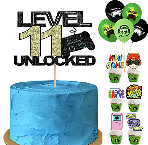 Tortendeko Geburtstag Junge Videospiel Torten Deko Gaming 24 Stück,11th Geburtstag Kuchen Deko Cake Topper Happy Birthday, level 11 unlockedKuchen Dekorationen für Jungs (Level 11)