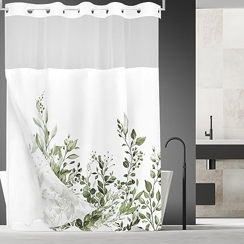 Tititex Juego de Cortinas de Ducha con Forro sin Ganchos, Color Verde Oliva, Hojas de eucalipto, Doble Capa, Tela Impermeable y Ventana Superior Transparente, decoración de baño, 72 x 84 Pulgadas