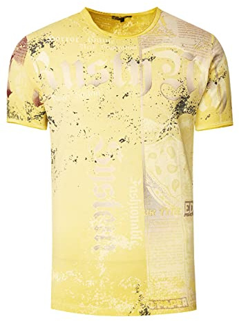Rusty Neal T-Shirt Verwaschen S M L XL XXL 3XL Used-Look All-Over-Print American-Skull Westside-Gang-Banger Shirt Rundhals Kontrast Stretch 295, Farbe:Gelb, Größe S-3XL:XL