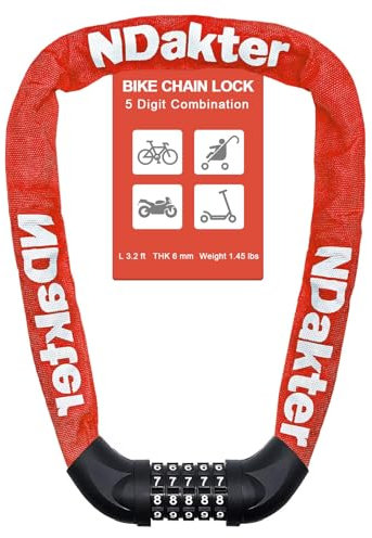 NDakter Fahrradschloss mit Zahlencode und hoher Sicherheitsstufe, Fahrrad KettenSchloss mit 5-Stellig Zahlencode, Kette aus gehärtetem Stahl für Fahrrad Roller Ebike Motorrad, rot