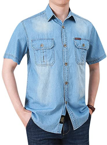 Men T-Shirt Spring Summer Denim Vintage Causal Shirt Men Half Sleeves Personality Youth Short Sleeve Men Button Decoration Holiday Denim Jacket Men A-Light Blue 5XL