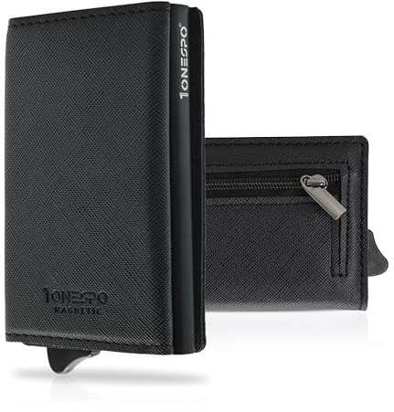 1ONESPO MAGNETIC Portafoglio uomo piccolo - Porta Carte di Credito uomo con Portamonete e Contanti - Protezione RFID 8 tessere, Nero SAFFIANO