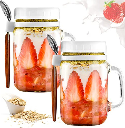 Keyohome 2 Pack Overnight Oats Jars,Overnight Oats Container with Lid and Spoon,16oz Glass Mason Overnight Oats Jars,Milk,Cereal Fruit Salad Storage Container (2 Pack White)