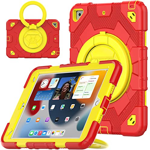 V-MOTA Flat Protect Spider-Man Cute Silicone Compatible with iPad 7th 8th 9th (2019/2020/2021) Generation 10.2 inch; Rotatable Kickstand Bracelet Protective Cover (Red Yellow)