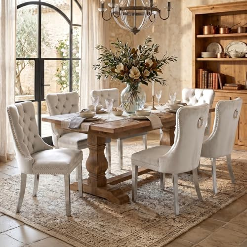 Esszimmerstühle mit gepolstertem Flügelrücken, cremebeige & silber, 6er Set | Weicher Samtbezug, Tufting, Nietenbesatz, Rückenring, silberne Metallbeine. Ideal für Esszimmer, Wohnzimmer, Innendekoration.