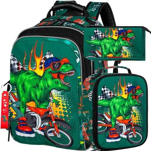 KLFVB Mochila de dinosaurio de 3 piezas para niños, bolsa de libros y lonchera para niños de 16 pulgadas, mochilas preescolares resistentes al agua para estudiantes de primaria, Motocicleta de