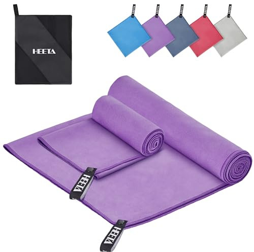 HEETA Mikrofaserhandtuch 2 Stück in 1 (80x40cm + 180x90cm) -Weich Schnelltrocknende Handtücher für Camping, Reise und Outdoor-Aktivitäten, Microfiber Towel mit Aufbewahrungsbeutel, Lila