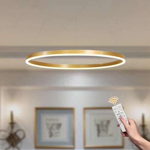 YYUTLUO Moderner DIY-Kreis-LED-Kronleuchter | 1 Golden Goldringe:40cm=23W | LED-Pendelleuchte aus Metall+Acryl |2,4 G Dimmbare Fernbedienung | Runde Decken-Hängelampe Wohnzimmer Schlafzimmer Esszimmer