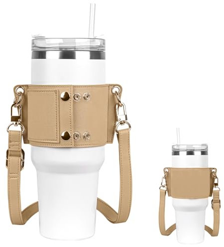 Linkidea Wasserflaschenhalter mit Schultergurt, kompatibel mit Stanley Quencher H2.0 30 oz/40 oz, einfache Moderne 40 oz Trinkflasche aus veganem Leder, mit Schlüsselanhänger (Hellbraun)