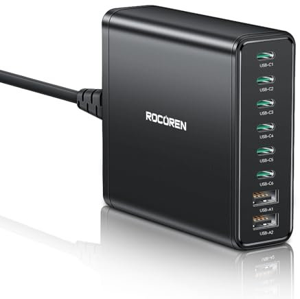 Rocoren USB C Charger Multi Port 340W, 8-Port PD100W QC4.0 PPS GaN Charging Station with 1.5m UK Extension Cord Compatible with MacBook Pro/Air M2, iPhone 16 Pro Max/15 Pro, Galaxy S24 Ultra, Laptop