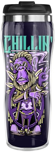 Pixly® Chillin' Monkey Thermal Travel Mug Coffee Tea Flask, 400ml/14oz Capacity, Funny Joke Fun Gift for Him Her