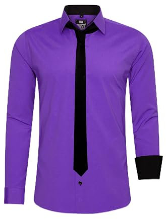 Rusty Neal Herren-Hemd Premium Slim Fit Langarm Stretch Kontrast Hemd mit Krawatte Business-Hemden Outfit Freizeithemd Set 44_99, Größe:XL, Farbe:Lila
