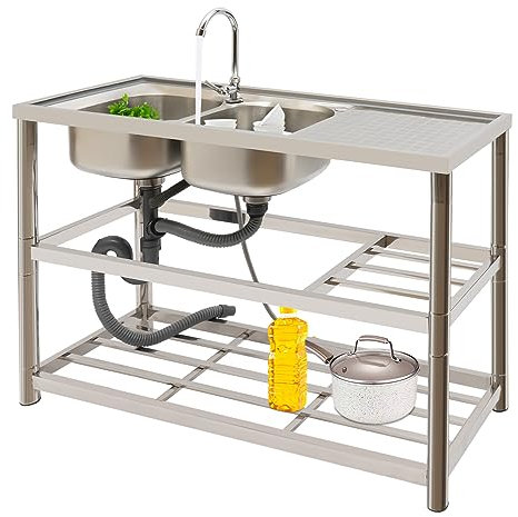 Lavandino da cucina indipendente 2 ciotole doppio lavello da cucina in acciaio inox con rubinetto, supporto e dispositivo di scarico, per esterni, interni, cucina, ristorante
