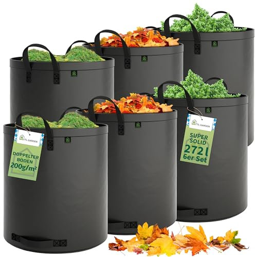 TTL Garden 6x 272L SUPER SOLID Gartensack grau - DOPPELTER BODEN 2x200 gsm extra stabil & reißfest selbststehend 4 Griffe groß robust 6er Set Laubsack Abfallsack für Gras Laub Hecke Gartenabfall
