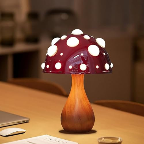 Pilz Lampe LED Rot Pilzlampe, 3-Farbige Dimmbare Pilz Nachttischlampe, Mushroom Tischleuchte Deko Nachtlicht mit Kabel für Wohnzimmer Schlafzimmer, Glühbirne Inklusive