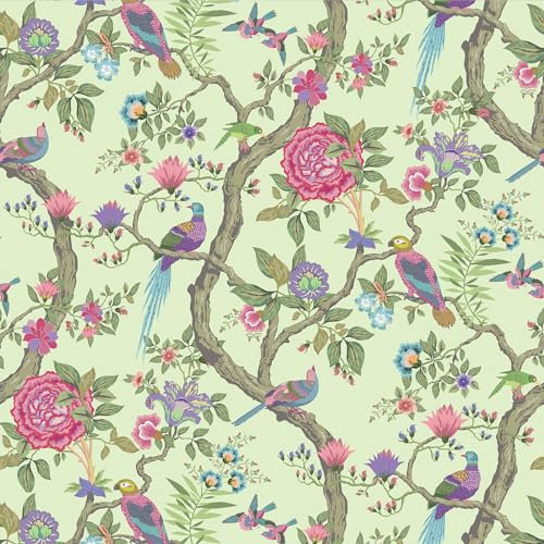 VEELIKE Vintage Bird Peel and Stick Mintgreen Floral Chinoiserie Wallpaper for Bedroom Powder Room Leaf Contact Paper Patterned Wallpaper Removable 44.5cmx300cm