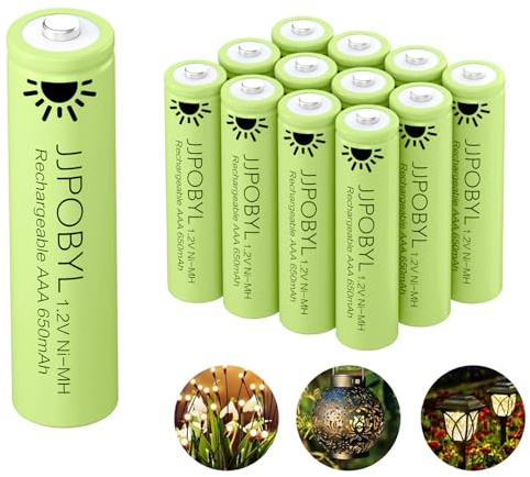 JJPOBYL AAA Rechargeable Ni-MH 650mAh 1.2V Rechargeable Batteries, AAA Solar Batteries for Outdoor Solar Lights, Garden Lights, String Lights (12 Pack AAA)