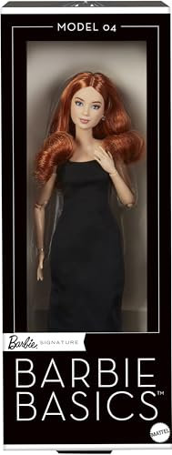 Barbie Signature Basics Modello 04, bambola da collezione con capelli ricci rossi, mini abito e stivali, vestibilità universale, corpo petite snodato e testa intercambiabile, 6+ anni, JBH74