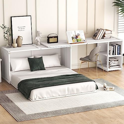 Jintop Queen-Size-Murphy-Bett, Schrank-Versteck mit drehbarem Schreibtisch, Holz-Wandbett kann zusammengeklappt Werden, einfache Montage, Plattform-Bettgestell für Kinderzimmer, Studentenwohnheime,