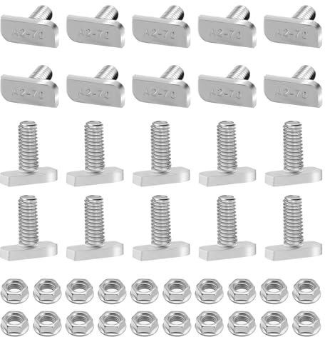 BEASAFY 20 tornillos de cabeza de martillo M8 x 20 de acero inoxidable A2-70 con tuercas dentadas de bloqueo, tuercas de brida, tornillos T M8, juego de tornillos de cabeza de martillo para rieles de