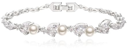 Clearine Hochzeit Braut Perle Armband für Damen, Elegant Sparkle Marquise Cubic Zirkonia Tennis Armband, Silber plated Partei Prom Schmuck