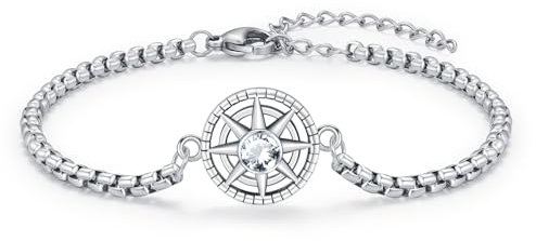 OHAYOO Damen Armband Silber 925 Kompass Geburtsstein April Zirkonia Armband Schmuck für Damen Herren Mädchen Teenager Geschenke