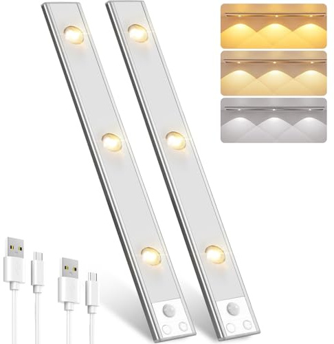 Pak Under Cabinet Light Rechargeable Motion Sensor Dimmable 2 Pack Silver