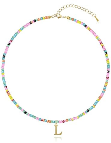Yifnny Bunte Perlenkette mit Buchstaben, Niedliche Halskette Goldfarbener Initial-Anhänger Halskette Bohemian Initial Halskette Bunte Perlenhalskette Strand-Schmuck für Frauen (L)