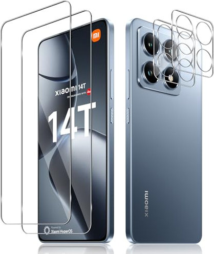 Haofun 2 Piezas Protector de Pantalla para Xiaomi Mi 14T con 2 Piezas Protector de Lente de Cámara, Ultra HD Cristal Templado, Anti Arañazos, Sin Burbujas, Dureza 9H Vidrio Templado
