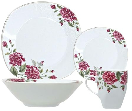 Reldor 16-Piece Square Porcelain Dinner Set for 4– 4 Dinner Plates and Bowls Set with 4 Side Plates & Mugs, Microwave/Dishwasher Safe, Highly Resistant Dinnerware, Kitchen & Dining-Pink Floral Design