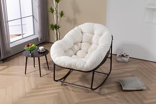 Schaukelstuhl Schaukelsessel Gartenstuhl für drinnen und draußen, Sessel Relaxsessel Wohnzimmersessel Schwingsessel Akzentstuhl für Balkon, Terrasse und Garten, Wohnzimmer, Bis 113kg (Weiß-Sherpa)