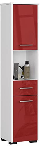 AKORD Badezimmer-Hochschrank schränke | Badezimmer kommode | B30 x H140 x T30 cm, Gewicht 25 kg | 2 Ablagen mit Türen | 1 Schublade, 1 offenes Fach | als Hängeschrank | Weißer & Roter Glanz Front