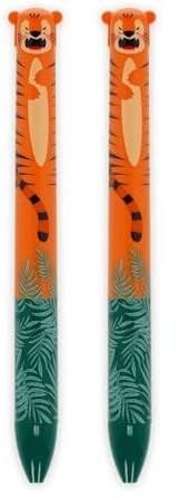 LEGAMI - Zweifarbig, blaue und orange Tinte, Click&Clack Stift, Ideal für Schule Büro Zuhause, Zweifarbig, 1 mm Spitzendurchmesser, Tiger Motiv (Packung mit 2)