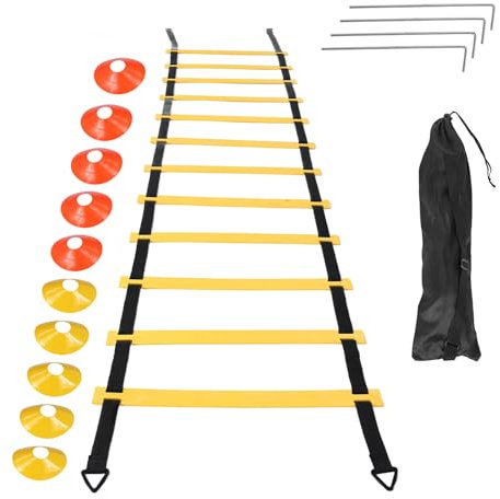 Cpolebev Sports Speed Agility Training Set 12 Disc Cones 4 Steel Stakes and Agility Ladder for Football Basketball Rugby Track