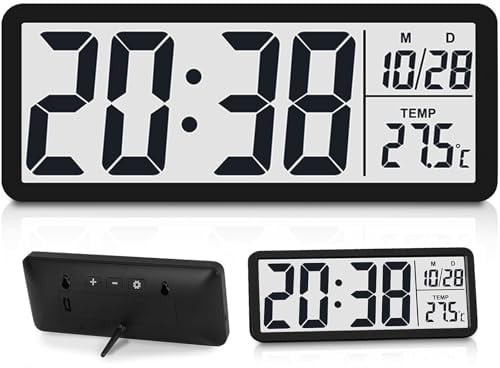Digitale Wanduhr Batteriebetrieben mit Großen Ziffern, Temperatur, 12/24 Hr | Wecker Digital, Für Schlafzimmer, Wohnzimmer, Büro, Schule
