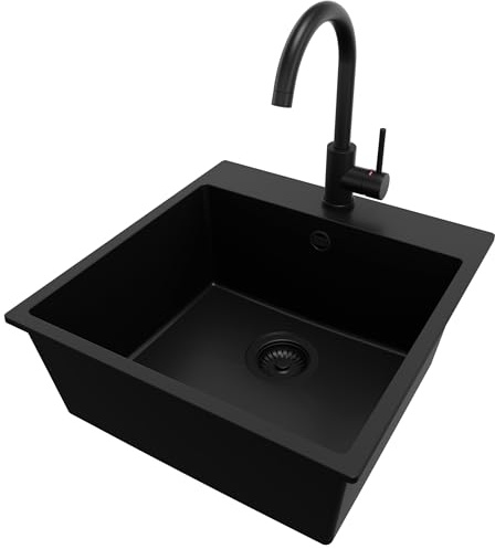 PRIMAGRAN Granitspüle ab 50er Unterschrank + Küchenarmatur, 48x50cm | Set: Küchenarmatur BW5010 + Ablauf-Set (Siphon, Ablaufgarnitur, Überlauf) + Spülbecken 1 Becken - Riga, Alles Schwarz