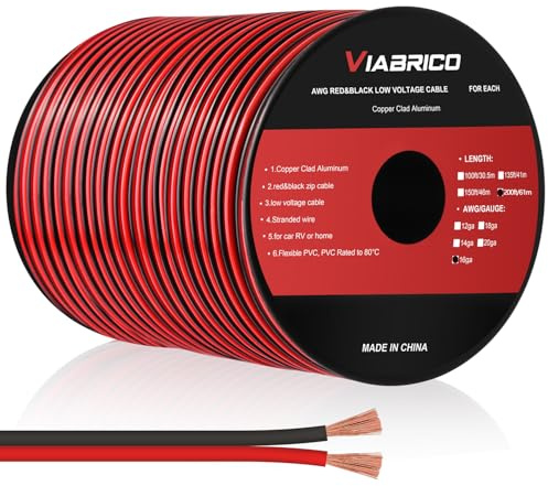 VIABRICO Elektrisches Drahtkabel, 16 Gauge, 60 m, 2 Leiter, Rot/Schwarz, Kabelanschluss, LED-Beleuchtungsstreifen, flexibles Verlängerungskabel, 16 AWG, kupferverkleideter Aluminium-Kupferdraht