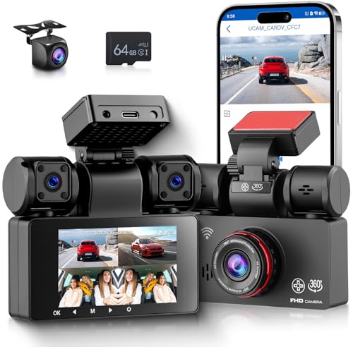 Hodozzy 4 Channel Dash Cam Front and Rear Inside 2K Car Dashcam, 360° Dash Camera for Cars Wi-Fi & App 3 Inch Screen with Loop Recording, Night Vision, G-sensor, Parking Mode, 64G Card Built-in Stereo
