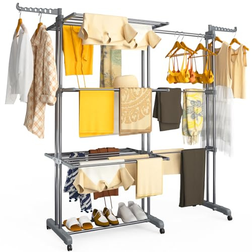 VOUNOT® 4 Tier Large Clothes Airer with Wings, Retractable Folding Drying Rack with Wheels for Indoor & Outdoor Use, 190 × 64 × 170 cm, Grey