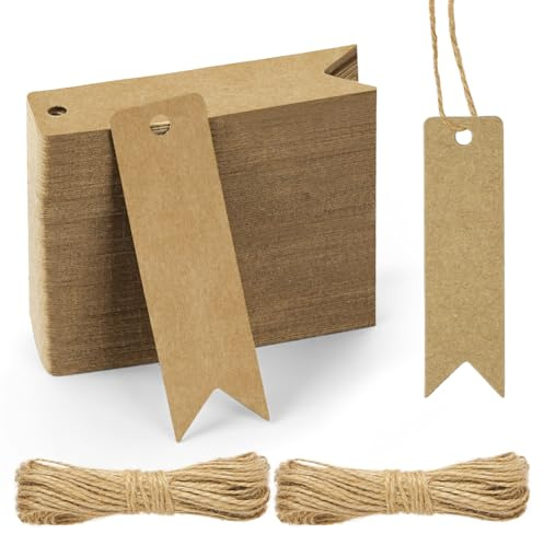 Flintronic 120 Stück Geschenkanhänger, Kraftpapier Anhänger zum Beschriften, mit 20m Jute Schnur, Handmade Label, für Geschenkverpackung, Hochzeit, Halloween, Erntedankfest, Weihnachten, DIY(Braun)
