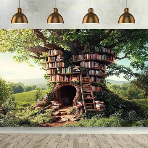 Sfondo della biblioteca magica del piano 2 1D - Una magica casa sull'albero con scaffali scala e accogliente angolo lettura